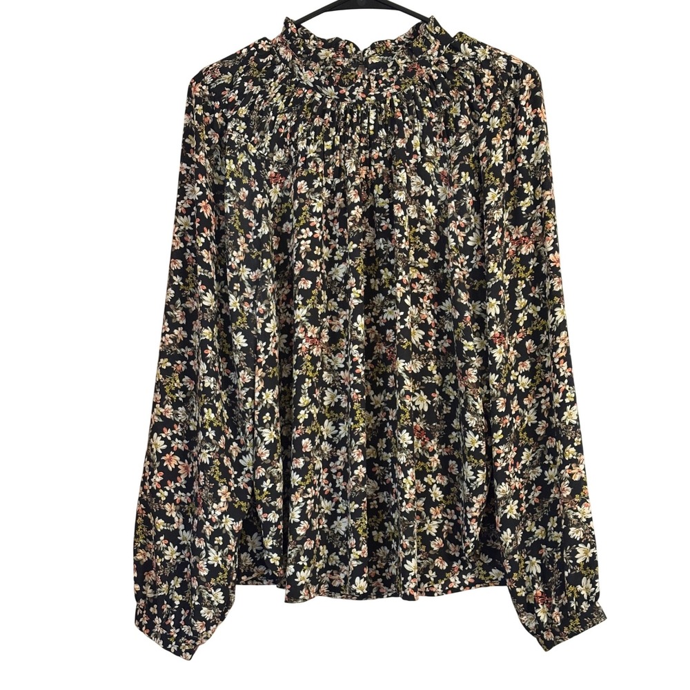 LOFT Floral Smocked Mock Neck Blouse Black Multi Long Sleeve Top Large - Picture 2 of 6
